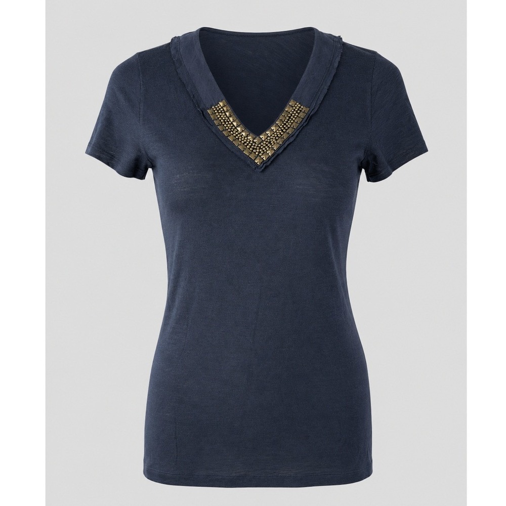 Calvin Klein‎ Jeans Womens Black Studded V-Neck Short Sleeve Slub Tee Size M NEW